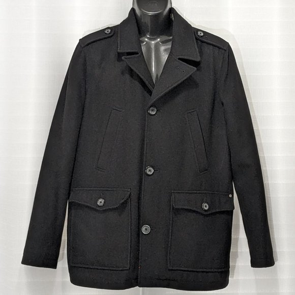 GUESS Men's Brandon Wool Blend Style Long Button Coat Size L Black